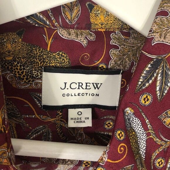 J.Crew Collection Blouse Womens 0 Jungle Cat Print Silk Twill Shirt Maroon AS266 - Picture 5 of 12